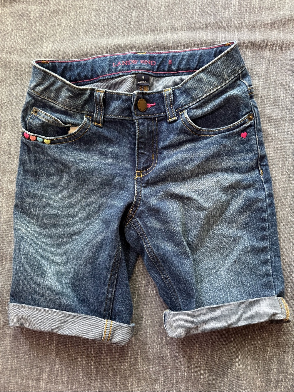 Lands' End Girls Denim Bermuda Shorts with Pink Accent